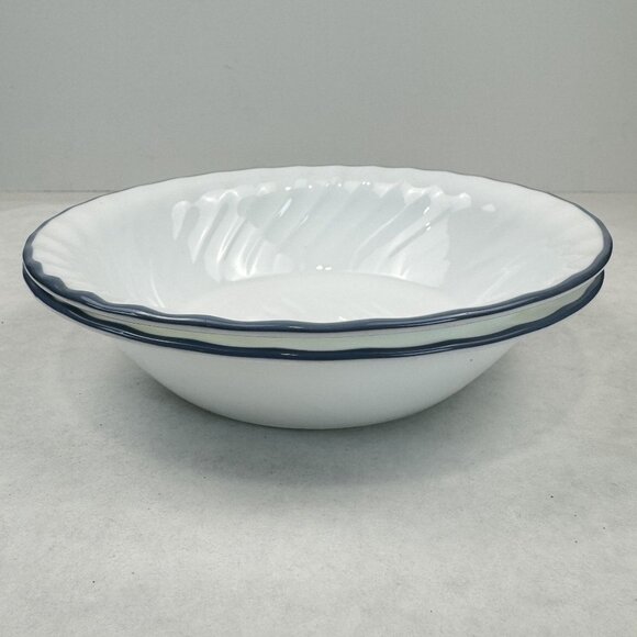 Corelle Corning White Swirl Rimmed Soup Cereal Bowls Blue Trim 7.25" Set Of 2 - Picture 1 of 8